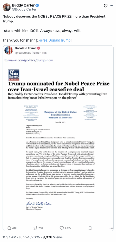 post announcing nobel peace prize nomination of Donald Trump by Buddy Carter at the Real KBrett's Stack of Stuff
